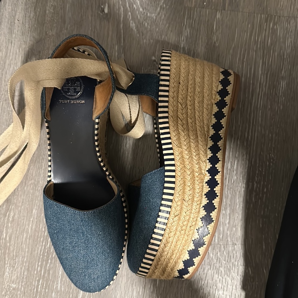 Tory Burch Blue Denim Dandy Ankle Wrap Espadrille Wedge Sandals Sz 8.5